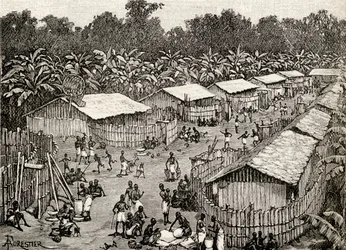 Vista del pueblo de Utiri, Tanzania, 1890 (grabado en madera)